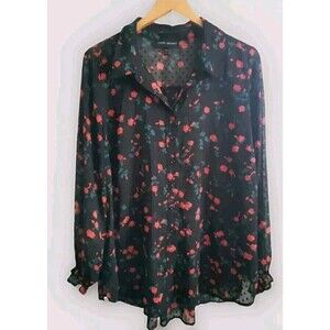 Lane Bryant Floral Swiss Dot Blouse Women’s 18/20 Black Semi-Sheer Sleeves